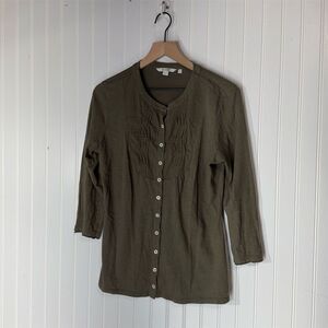 Boden Olive Green Button Front Pintuck Blouse 100% Cotton Top 3/4 Sleeve 10
